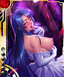 Rule 34 | 1girl, bare shoulders, blue hair, blush, breasts, bride, card (ex-red), card (medium), cleavage, covered erect nipples, curvy, dress, female focus, finger to tongue, happy, jewelry, kagami hirotaka, large breasts, lilith-soft, long hair, looking at viewer, looking back, makeup, naughty face, nipples, puffy nipples, red eyes, ring, saliva, shiny skin, smile, solo, standing, sweat, taimanin (series), taimanin asagi, taimanin asagi battle arena all card gallery, taimanin asagi kessen arena, tongue, tongue out, wedding dress, yatsu murasaki