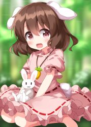 Rule 34 | 1girl, animal, animal ears, barefoot, black hair, blush, carrot necklace, dress, frilled sleeves, frills, hair between eyes, highres, inaba tewi, jewelry, necklace, open mouth, pink dress, rabbit, rabbit ears, rabbit tail, red eyes, ruu (tksymkw), short hair, short sleeves, smile, solo, tail, touhou