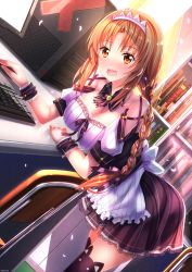 Rule 34 | 1girl, :d, black thighhighs, blush, book, bookshelf, bow, braid, breasts, brown eyes, brown hair, chair, cleavage, computer, computer tower, d-frag!, detached collar, detached sleeves, dutch angle, english text, full-face blush, hair ribbon, highres, indoors, keyboard (computer), lace, lace-trimmed skirt, lace trim, large breasts, maid, maid headdress, monitor, mouse (computer), open mouth, pleated skirt, ribbon, shadow, single braid, skirt, smile, swordsouls, takao (d-frag!), thighhighs, wrist cuffs