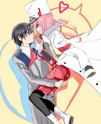 Rule 34 | 10s, 1boy, 1girl, akamsilver, black hair, black pantyhose, blue eyes, blush, boots, candy, coat, commentary request, couple, darling in the franxx, food, fringe trim, green eyes, hair ornament, hairband, hat, hetero, hiro (darling in the franxx), holding, holding another&#039;s leg, holding candy, holding food, holding lollipop, horns, lollipop, long coat, long hair, long sleeves, looking at another, military, military uniform, necktie, oni horns, open clothes, open coat, pantyhose, peaked cap, pink hair, red horns, red neckwear, short hair, uniform, white coat, white footwear, white hairband, zero two (darling in the franxx)