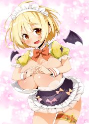 Rule 34 | 1girl, alternate costume, bat wings, black dress, black wings, blonde hair, blush, bow, breasts, cleavage, dress, fang, frills, heart, heart hands, hololive, huge breasts, looking at viewer, maid, maid headdress, open mouth, orange bow, orange eyes, puffy short sleeves, puffy sleeves, revealing clothes, semahiro, short hair, short sleeves, solo, virtual youtuber, wings, wrist cuffs, yozora mel