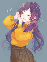 Rule 34 | 10s, 1girl, absurdres, adjusting earrings, belt, blue background, blush, brown skirt, closed eyes, earrings, closed eyes, highres, jewelry, light blush, long hair, long sleeves, love live!, love live! school idol festival, love live! school idol project, music, musical note, open mouth, plaid, plaid skirt, pom pom (clothes), purple hair, shirt, simple background, singing, skirt, smile, solo, standing, sudach koppe, sweater, tojo nozomi, twintails, u u, yellow shirt