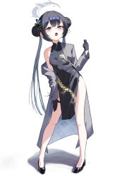 Rule 34 | 1girl, absurdres, black dress, black footwear, black gloves, black hair, blue archive, blue eyes, blush, butterfly hair ornament, coat, double bun, dragon print, dress, full body, gloves, grey coat, grey halo, hair bun, hair ornament, halo, highres, kisaki (blue archive), long hair, long sleeves, looking at viewer, open clothes, open coat, open mouth, shoes, shortage2401, simple background, solo, standing, striped coat, twintails, vertical-striped coat, white background