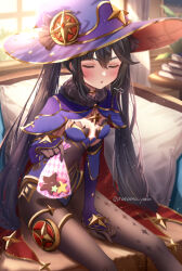 Rule 34 | 1girl, black hair, blush, bodystocking, book, book stack, breasts, brooch, capelet, chocolate, closed eyes, food, fur-trimmed capelet, fur trim, genshin impact, gold trim, hat, highres, holding, holding chocolate, holding food, jewelry, leotard, long hair, mona (genshin impact), nanamo yado, open mouth, pantyhose, pillow, revision, sitting, small breasts, solo, sparkle print, sunlight, thighlet, tsundere, twintails, v-shaped eyebrows, valentine, window, witch hat