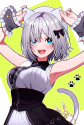 Rule 34 | 1girl, amopui, animal ear headwear, armpits, arms up, blue eyes, blush, bow, breasts, cat tail, collared shirt, commentary request, fake animal ears, greyscale, hair bow, hands on headwear, high-waist skirt, highres, kaga sumire, key, large breasts, looking at viewer, lupinus virtual games, monochrome, open mouth, paw print, shirt, short hair, skirt, sleeveless, sleeveless shirt, smile, solo, tail, teeth, two-tone background, upper body, upper teeth only, virtual youtuber, vspo!, white shirt, wrist cuffs