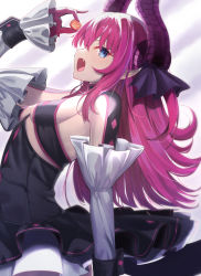 Rule 34 | 1girl, black dress, blue eyes, breasts, commentary request, corset, curled horns, dragon girl, dragon horns, dragon tail, dress, elizabeth bathory (fate), elizabeth bathory (fate/extra ccc), elizabeth bathory (first ascension) (fate), fang, fate/extra, fate/extra ccc, fate/grand order, fate (series), from side, gloves, hair ornament, halloween, highres, holding, horns, jack-o&#039;-lantern, layered skirt, long hair, looking at viewer, neko daruma, open mouth, pointy ears, pumpkin, purple gloves, purple hair, purple horns, revealing clothes, sideboob, sidelocks, skirt, small breasts, solo, tail, tongue, white sleeves