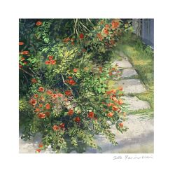 Rule 34 | bush, flower, grass, mimoth, nature, original, painting (medium), path, plant, red flower, road, scenery, stepping stones, sunlight, traditional media, tree