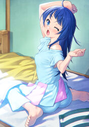 Rule 34 | 1girl, absurdres, ahoge, arm up, barefoot, bed, blue eyes, blue hair, blue pajamas, commentary request, highres, hirogaru sky! precure, kazuma muramasa, long hair, looking at viewer, off shoulder, on bed, one eye closed, open mouth, pajamas, precure, short sleeves, sitting, soles, solo, sora harewataru, toenails, toes, yawning