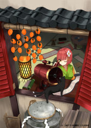 Rule 34 | 1girl, cat, chen, chen (cat), female focus, flower, food, fruit, hair flower, hair ornament, hieda no akyuu, japanese clothes, lamp, multiple tails, nabeshima tetsuhiro, one eye closed, persimmon, pink hair, pot, scroll, short hair, solo, tail, telescope, touhou, wink, yellow eyes