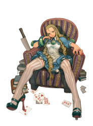 Rule 34 | 1girl, alice (alice in wonderland), alice in wonderland, arm support, armchair, black footwear, blonde hair, blue eyes, book, card, chair, drill hair, forehead, full body, heart card, high heels, jewelry, knife, long hair, nail polish, patterned legwear, patterned upholstery, person on card, playing card, red nails, ring, shoes, sitting, solo, striped clothes, striped thighhighs, thighhighs, vertical-striped clothes, vertical-striped thighhighs, weltol