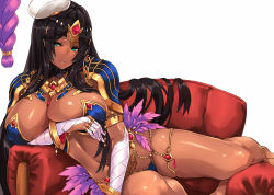 Rule 34 | 1girl, aqua eyes, arm wrap, armlet, armor, bad id, bad twitter id, bandaged arm, bandages, bikini armor, black hair, blue armor, blush, breastplate, breasts, circlet, cleavage, couch, curvy, dark-skinned female, dark skin, fate/grand order, fate (series), feathers, forehead jewel, hat, hayama kazusa, highres, large breasts, legs, long hair, looking at viewer, navel, parted bangs, parted lips, pauldrons, scheherazade (fate), shoulder armor, simple background, smile, solo, thighs, very long hair, white background