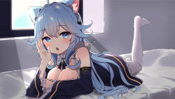 Rule 34 | 1girl, :o, ahoge, alternate costume, animal ears, arm belt, bare shoulders, bed, black dress, blue eyes, blue hair, blurry, breasts, brooch, cat ears, cleavage, depth of field, detached collar, detached sleeves, dress, enmaided, frilled dress, frills, hand up, highres, indie virtual youtuber, jewelry, kanase ito, large breasts, leg up, long hair, long sleeves, looking at viewer, lying, maid, maid headdress, makoto (bk69and7), mole, mole on breast, no shoes, on bed, on stomach, open mouth, pantyhose, solo, very long hair, virtual youtuber, white pantyhose, wide sleeves