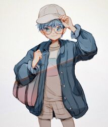 Rule 34 | 1boy, amidura, bag, baseball cap, blue eyes, blue hair, blue jacket, closed mouth, commentary request, fate/extra, fate/extra ccc, fate/grand order, fate (series), feet out of frame, glasses, grey bag, hand on headwear, hand up, hans christian andersen (fate), hat, highres, jacket, korean commentary, long sleeves, male focus, open clothes, open jacket, shirt, short hair, shorts, shoulder bag, simple background, smile, solo, white background, white hat, white shirt, white shorts