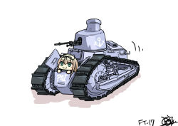 Rule 34 | 1girl, :3, artist request, blonde hair, caterpillar tracks, chibi, commentary request, emblem, ft-17, green eyes, hair ribbon, kantai collection, military, military vehicle, motor vehicle, ribbon, signature, tank, white background, yuudachi (kancolle)