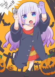 Rule 34 | 1girl, :o, bat (animal), black coat, black footwear, blue eyes, coat, cosplay, facepaint, frankenstein&#039;s monster, frankenstein&#039;s monster (cosplay), halloween, halloween costume, highres, jack-o&#039;-lantern, kanna kamui, kobayashi-san chi no maidragon, long hair, object through head, open mouth, outstretched arms, oversized clothes, patchwork skin, purple hair, samansa ex, screw in head, solo, stitched face, stitches, trick or treat, zombie pose