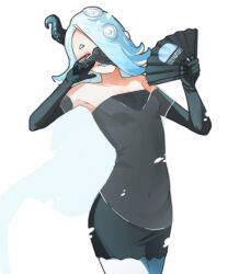 Rule 34 | 1girl, absurdres, alternate color, alternate costume, blue hair, cowboy shot, dress, elbow gloves, gloves, hair ornament, hair over one eye, hand fan, hd rock, highres, leaning back, looking at viewer, mask, mouth mask, nintendo, octoling, official alternate costume, open mouth, paper fan, red eyes, see-through, see-through shawl, shawl, shiver (splatoon), smile, solo, splatoon (series), splatoon 3, tentacle hair, white background