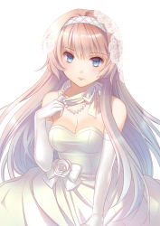 Rule 34 | 1girl, aqua hair, arm up, bare shoulders, blue eyes, bow, breasts, bridal veil, bride, choker, cleavage, dress, elbow gloves, flower, gloves, gradient hair, hairband, jewelry, long hair, megurine luka, multicolored hair, nacht (nacht 01), necklace, pearl necklace, pink hair, ribbon choker, rose, solo, veil, vocaloid, wedding dress, white dress, white gloves