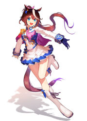 Rule 34 | 1girl, absurdres, animal ears, ascot, asymmetrical gloves, blue eyes, blue gloves, blush, boots, breasts, brown hair, buttons, cape, double-breasted, epaulettes, full body, gloves, highres, horse ears, horse girl, horse tail, jacket, long hair, long sleeves, miniskirt, mismatched gloves, multicolored hair, nora (agentpuppyone), open mouth, outstretched arms, petticoat, pink ascot, pleated skirt, ponytail, shadow, single epaulette, skirt, small breasts, smile, solo, spread arms, streaked hair, tail, tokai teio (umamusume), umamusume, white footwear, white gloves, white skirt