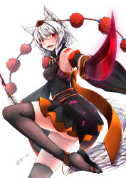 Rule 34 | 1girl, :d, absurdres, alternate color, animal ears, animal print, bare shoulders, bat print, black thighhighs, breasts, detached sleeves, dual wielding, embellished costume, fangs, foreshortening, from side, hat, heart, heart tattoo, highres, holding, holding sword, holding weapon, inubashiri momiji, inyuppo, jewelry, katana, leg up, looking at viewer, looking to the side, medium breasts, necklace, open mouth, pointing, pointing at viewer, pom pom (clothes), red eyes, sandals, silver hair, skirt, slit pupils, smile, solo, sword, tail, tattoo, teeth, thighhighs, tokin hat, touhou, weapon, white background, wolf ears, wolf girl, wolf tail