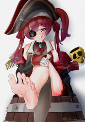 Rule 34 | 1girl, absurdres, barefoot, barrel, crossed legs, eyepatch, feet, hand on own knee, hat, highres, hololive, houshou marine, licking lips, long hair, looking at viewer, pirate hat, red eyes, red hair, single sock, sitting, socks, soles, toes, tongue, tongue out, twintails, virtual youtuber
