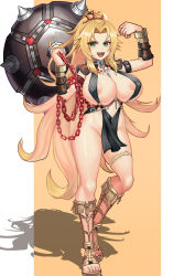 Rule 34 | 1girl, absurdres, areola slip, bad anatomy, ball and chain (weapon), ball and chain restraint, barbariana (last origin), black dress, breasts, chain, cleavage, cleavage cutout, clothing cutout, dress, artistic error, flail, full body, green eyes, highres, hiroshi (beolcoyote), huge breasts, huge weapon, large breasts, last origin, long hair, open mouth, pelvic curtain, ponytail, revealing clothes, sandals, shiny skin, short dress, sideboob, smile, solo, spike ball, spiked ball, thick thighs, thighs, very long hair, weapon, wrong foot