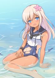 Rule 34 | 10s, 1girl, bad id, bad pixiv id, blonde hair, blue eyes, flower, hair flower, hair ornament, highres, kantai collection, long hair, one-piece swimsuit, open mouth, partially submerged, ro-500 (kancolle), school swimsuit, solo, swimsuit, tan, tanline, tiphereth, torn clothes, torn swimsuit
