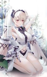 Rule 34 | 1girl, absurdly long hair, absurdres, adjusting hair, azur lane, black necktie, breasts, bridal gauntlets, choker, clothing cutout, commentary, dress, elbow gloves, evening gown, formidable (azur lane), formidable (timeless classics) (azur lane), gloves, grey hair, hair between eyes, highres, kneeling, large breasts, long hair, naru 0, navel, navel cutout, necktie, official alternate costume, red eyes, ribbon choker, sailor collar, seiza, sidelocks, signature, sitting, sleeveless, solo, stomach, thighs, twintails, twitter username, very long hair, white dress