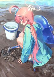 Rule 34 | 1girl, ahoge, beach, blue archive, blue eyes, blue jacket, bucket, commentary request, eyewear on head, hair bobbles, hair ornament, halo, highres, holding, hoshino (blue archive), hoshino (swimsuit) (blue archive), inflatable toy, inflatable whale, jacket, long hair, long sleeves, low twintails, ocean, official alternate costume, open mouth, outdoors, pink hair, poligon (046), sand, signature, smile, solo, squatting, sunglasses, twintails
