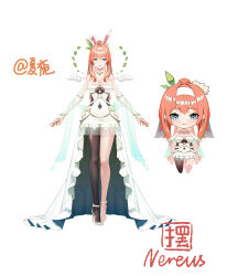 Rule 34 | 1girl, absurdres, animal ears, arms at sides, artist name, between breasts, black pantyhose, blue eyes, blue gemstone, bodystocking, breasts, bridal gauntlets, chibi, chinese commentary, cleavage, closed mouth, clothing cutout, copyright request, covered navel, cutout above navel, detached wings, dress, dress flower, earrings, flower, full body, gem, hair between eyes, hair flower, hair ornament, hairband, high heels, highres, jewelry, large breasts, leaf, leaf hair ornament, leg tattoo, long hair, looking at viewer, multiple views, navel cutout, official art, orange hair, pantyhose, ponytail, rabbit ears, side cutout, single leg pantyhose, slit pupils, smile, standing, ta03545, tattoo, variations, virtual youtuber, white bridal gauntlets, white dress, white flower, white footwear, white hairband, white wings, wings