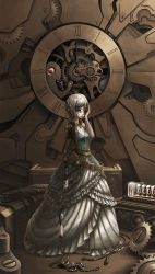 Rule 34 | 1girl, absurdres, android, belt, blue eyes, clock, crack, dress, female focus, gears, highres, machine, original, rapt, robot, silver hair, solo, steampunk, tagme, wire