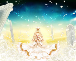 Rule 34 | 1girl, bad id, bad pixiv id, blonde hair, column, dress, closed eyes, field, flower, flower field, own hands clasped, long hair, long sleeves, original, own hands together, petals, pillar, puffy sleeves, rose, solo, usagi (usakiti), very long hair, white flower, white rose