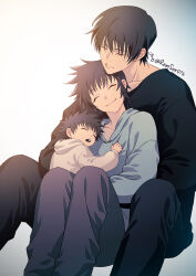 1girl 2boys aged_down black_hair blue_hoodie carrying carrying_person child chin_rest closed_eyes closed_mouth commentary_request cuddling family father_and_son fushiguro_megumi fushiguro_touji head_on_head head_rest highres hood hoodie husband_and_wife jujutsu_kaisen megumi&#039;s_mother_(jujutsu_kaisen) mother_and_son multiple_boys muscular muscular_male open_mouth remsor076 scar scar_on_face scar_on_mouth short_hair signature sleeping smile twitter_username white_hoodie