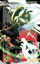 Rule 34 | 1girl, alphamon, arm up, armor, artist name, black armor, black background, cape, character name, cropped legs, dated, digimon, digimon (creature), digimon story: cyber sleuth, e volution, gold trim, jewelry, kuremi kyouko, long hair, open hand, red background, silhouette, two-tone background, white cape, yellow eyes