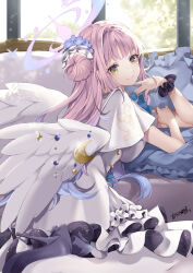 Rule 34 | 1girl, akatsuki hijiri, angel wings, blue archive, blush, breasts, capelet, dress, feathered wings, hair bun, halo, highres, large breasts, long hair, looking at viewer, mika (blue archive), pink hair, scrunchie, single side bun, smile, solo, white capelet, white dress, white wings, wings, yellow eyes