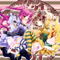Rule 34 | 2girls, :d, album cover, brown eyes, brown hair, cookie, cover, cup, food, glasses, gloves, holding hands, interlocked fingers, long hair, looking at viewer, mary janes, multiple girls, natsuki yuu (amemizu), natsukiyuu, open mouth, original, plate, pointing, pointing at viewer, purple hair, red eyes, rimless eyewear, shoes, short hair, smile, striped clothes, striped legwear, striped thighhighs, teacup, thighhighs, twintails, zettai ryouiki