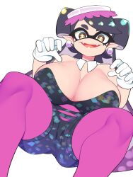 Rule 34 | 1girl, bare shoulders, bellupup, black bodysuit, black hair, bodysuit, breasts, callie (splatoon), cleavage, collar, collarbone, domino mask, dutch angle, earrings, fang, gloves, gradient hair, hair ornament, highres, huge breasts, jewelry, long hair, mask, mole, mole under eye, multicolored hair, nintendo, open mouth, pantyhose, pink pantyhose, pointy ears, purple hair, simple background, sitting, smile, solo, splatoon (series), splatoon 1, tentacle hair, two-tone hair, white background, white gloves