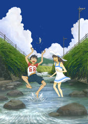 Rule 34 | 1boy, 1girl, :d, ^ ^, bad id, bad pixiv id, bandaid, bandaid on knee, bandaid on leg, barefoot, black hair, child, closed eyes, clothes writing, cloud, day, dress, closed eyes, fence, fish, goke shike (altamira05), grass, hat, hill, laughing, long hair, open mouth, original, outdoors, power lines, reflection, river, rock, shallow water, sky, smile, splashing, sun hat, sundress, sweatdrop, utility pole, wading, water