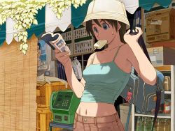 Rule 34 | 1girl, afternoon (magazine), azuma kiyohiko, bag, bag charm, bare shoulders, book, bottle, brown hair, can, cat, charm (object), corded phone, food, hat, highres, ice cream, midriff, mouth hold, open book, payphone, phone, popsicle, reading, shop, solo, sweat, wallpaper