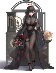 Rule 34 | 1girl, alternate costume, black bodysuit, black dress, blue archive, blush, bodysuit, bouquet, bridal gauntlets, bridal veil, cameltoe, candle, candlestand, clock, covered navel, detached sleeves, dress, flower, full body, grandfather clock, groin, hair flower, hair ornament, halo, highres, holding, holding bouquet, leviathan (hikinito0902), long hair, looking at viewer, o-ring, red eyes, red flower, red rose, rio (blue archive), rose, see-through bodysuit, skindentation, solo, straight hair, thigh gap, thigh strap, transparent background, veil, very long hair