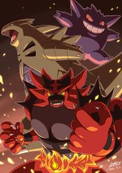 Rule 34 | absurdres, bad id, bad twitter id, claws, colored sclera, commentary request, creatures (company), dated, embers, fangs, fire, furry, game freak, gen 1 pokemon, gen 2 pokemon, gen 7 pokemon, gengar, green eyes, grin, highres, incineroar, irohero, looking at viewer, nintendo, open mouth, pokemon, pokemon (creature), sharp teeth, signature, smile, teeth, tongue, tyranitar, yellow sclera