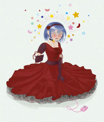 Rule 34 | 1girl, blue hair, blush, controller, dress, elbow gloves, closed eyes, flower, gloves, highres, lolita fashion, open mouth, orgasm, red dress, red theme, remote control, ribbon, sex toy, short hair, sitting, solo, vibrator, zjoriz