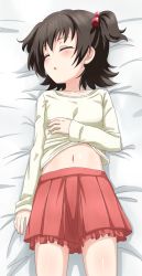 Rule 34 | 10s, 1girl, akagi miria, bed sheet, beige shirt, black hair, breasts, collarbone, cowboy shot, closed eyes, frilled skirt, frills, from above, hair bobbles, hair ornament, hand on own stomach, highres, idolmaster, idolmaster cinderella girls, long sleeves, lying, midriff peek, navel, on back, open mouth, pleated skirt, red skirt, short hair, sincos, skirt, sleeping, small breasts, solo, two side up
