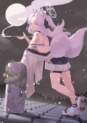 Rule 34 | 1girl, absurdres, animal ears, blue archive, breasts, fox ears, full body, full moon, grey eyes, halo, highres, holding, holding smoking pipe, japanese clothes, kimono, kuzunoha (blue archive), long hair, long sleeves, moon, mutsuki albino, night, on roof, small breasts, smoking pipe, solo, tail, white hair, white kimono, wide sleeves
