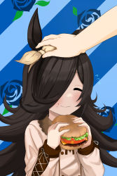 Rule 34 | 1girl, absurdres, animal ears, arms up, beige bow, beige sweater, blue background, blue flower, blush, bow, bow hairband, brown collar, brown hair, burger, closed eyes, collar, collared sweater, eating, flower, flower (symbol), food, food on face, frilled collar, frills, hair bow, hair over one eye, hairband, hands up, happy, headpat, highres, holding, holding food, horse ears, horse girl, lace-trimmed sleeves, lace-trimmed sweater, lace trim, light smile, long bangs, long hair, long sleeves, messy hair, rice shower (umamusume), simple background, smile, solo, striped, striped background, sweater, two-tone background, umamusume, user vvee2724, v arms, wavy mouth