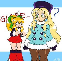 Rule 34 | 2girls, :t, ?, blonde hair, breast envy, breasts, capcom, cape, gloves, green eyes, hair ribbon, kalinka cossack (mega man), large breasts, legs, long hair, mega man (classic), mega man (series), multiple girls, pantyhose, ponytail, pout, ribbon, roll (mega man), small breasts, smile, thick thighs, thighs, turn pale, very long hair, winter clothes