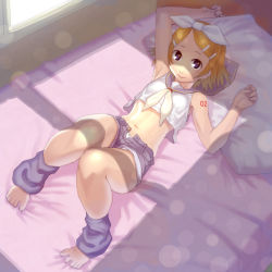 Rule 34 | 1girl, armpits, barefoot, bed, blonde hair, bow, crop top, crop top overhang, feet, hair bow, hair ornament, hairclip, highres, kagamine rin, leg warmers, looking at viewer, lying, midriff, navel, on back, open fly, pillow, purple eyes, sailor collar, short hair, shorts, smile, solo, soon (c-u-soon), tattoo, toes, vocaloid