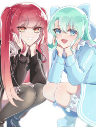 Rule 34 | 2girls, aqua hair, black dress, black footwear, black thighhighs, blue dress, blue eyes, boots, bow, dress, eunos roadster, frilled footwear, frilled thighhighs, frills, gradient hair, hair bow, hands on own cheeks, hands on own face, high heels, highres, huge bow, long hair, looking at viewer, mazda mx-5, mazda mx-5 nc, mugi (marineblue134), multicolored hair, multiple girls, open mouth, original, parted lips, personification, red eyes, red hair, shadow, smile, squatting, thighhighs, two side up, very long hair, white footwear, white hair