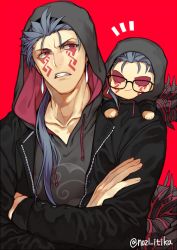 2boys, 2f sq, black hoodie, blue hair, casual, chibi, contemporary, crossed arms, cu chulainn (fate) (all), cu chulainn alter (fate/grand order), earrings, facial mark, fate/grand order, fate (series), glaring, hair over shoulder, hair strand, hood, hoodie, jewelry, lancer, long hair, looking at another, male focus, mini cu-chan (fate), monster boy, multiple boys, red background, red eyes, simple background, spiked tail, spikes, tail, tattoo, twitter username, upper body