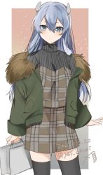 Rule 34 | 1girl, black thighhighs, blue eyes, blush, closed mouth, cowboy shot, dated, fur-trimmed jacket, fur trim, green jacket, grey hair, hair between eyes, headgear, highres, i-203 (kancolle), jacket, kantai collection, long hair, long sleeves, looking at viewer, one-hour drawing challenge, open clothes, open jacket, plaid, signature, solo, thighhighs, toriniku senshi chikinman, twitter username