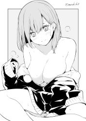 Rule 34 | artist name, bare shoulders, blush, breasts, butterfly sitting, character request, cleavage, copyright request, ear piercing, greyscale, jacket, kichihachi, large breasts, mole, mole on breast, mole under eye, monochrome, naked jacket, piercing, short hair, sitting, sleeves past fingers, sleeves past wrists, smile, twitter username